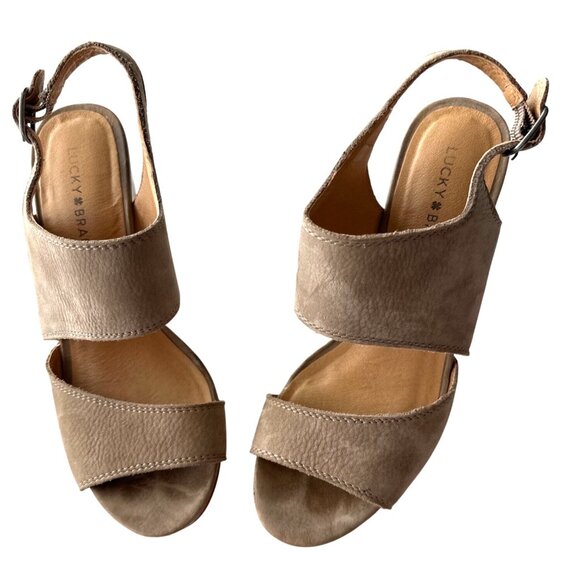 Lucky Wedges Lattela Suede Sandal Taupe Wood Platform Ankle Buckle Size 9 - Picture 6 of 9